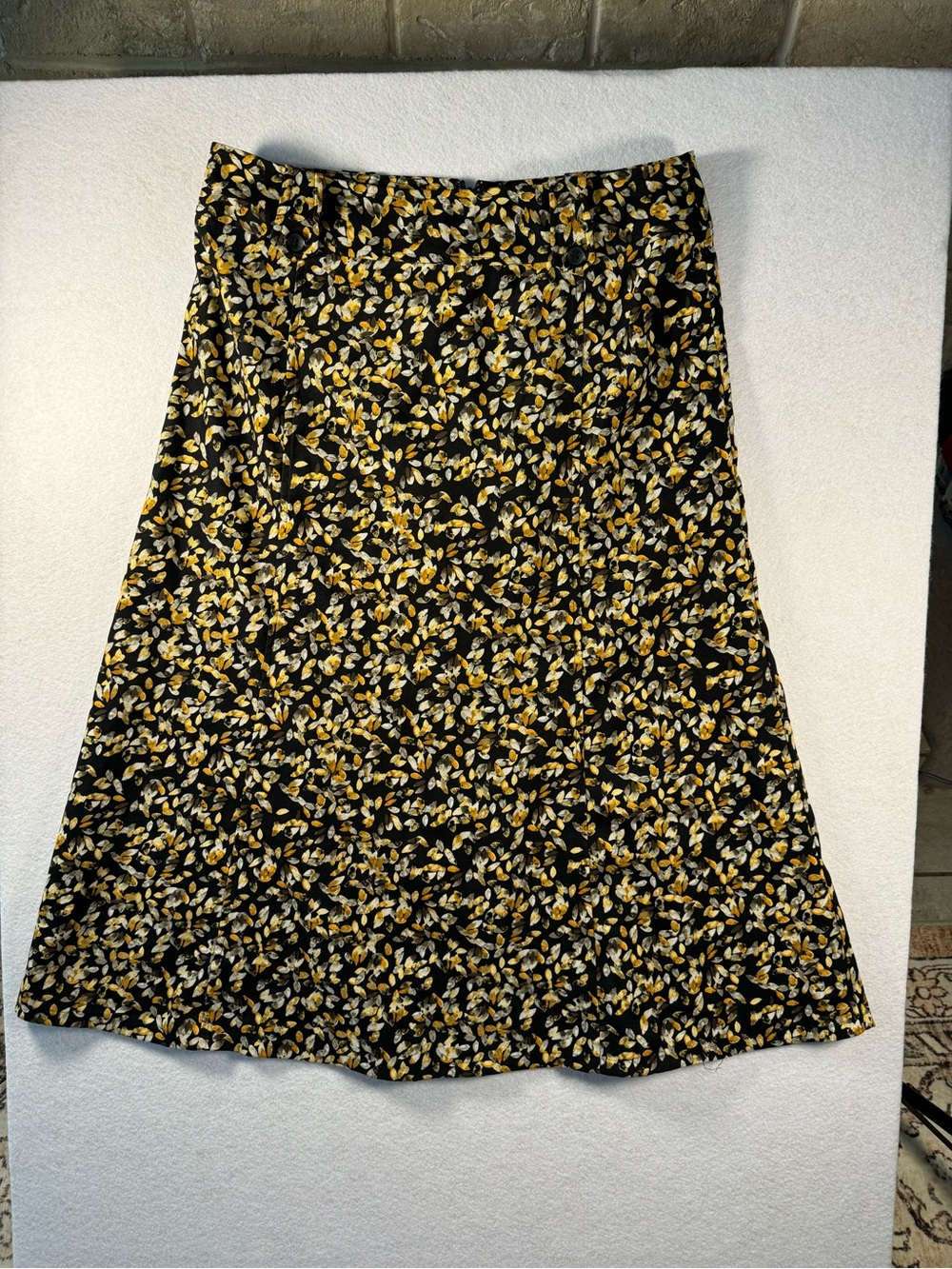 Christopher & Banks Black Floral A-Line Skirt with Yellow Accents